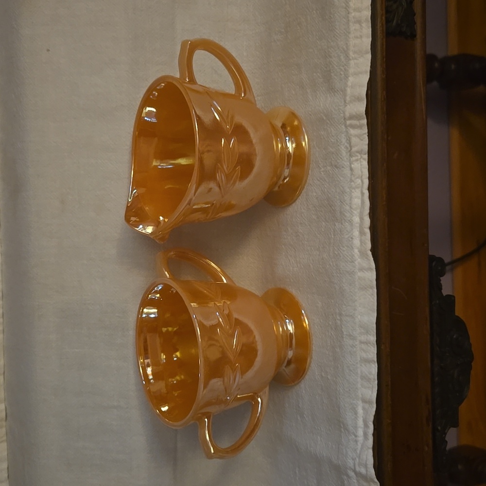 Fire King Peach Luster Laurel Leaf Sugar Bowl and Creamer Set